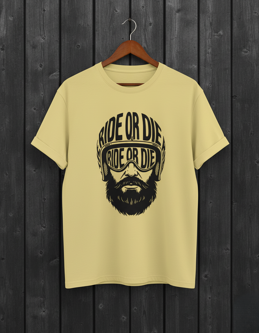 Beige t-shirt with 'Ride or Die' graphic on a wooden background