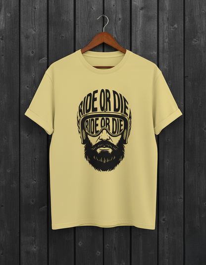 Beige t-shirt with 'Ride or Die' graphic on a wooden background